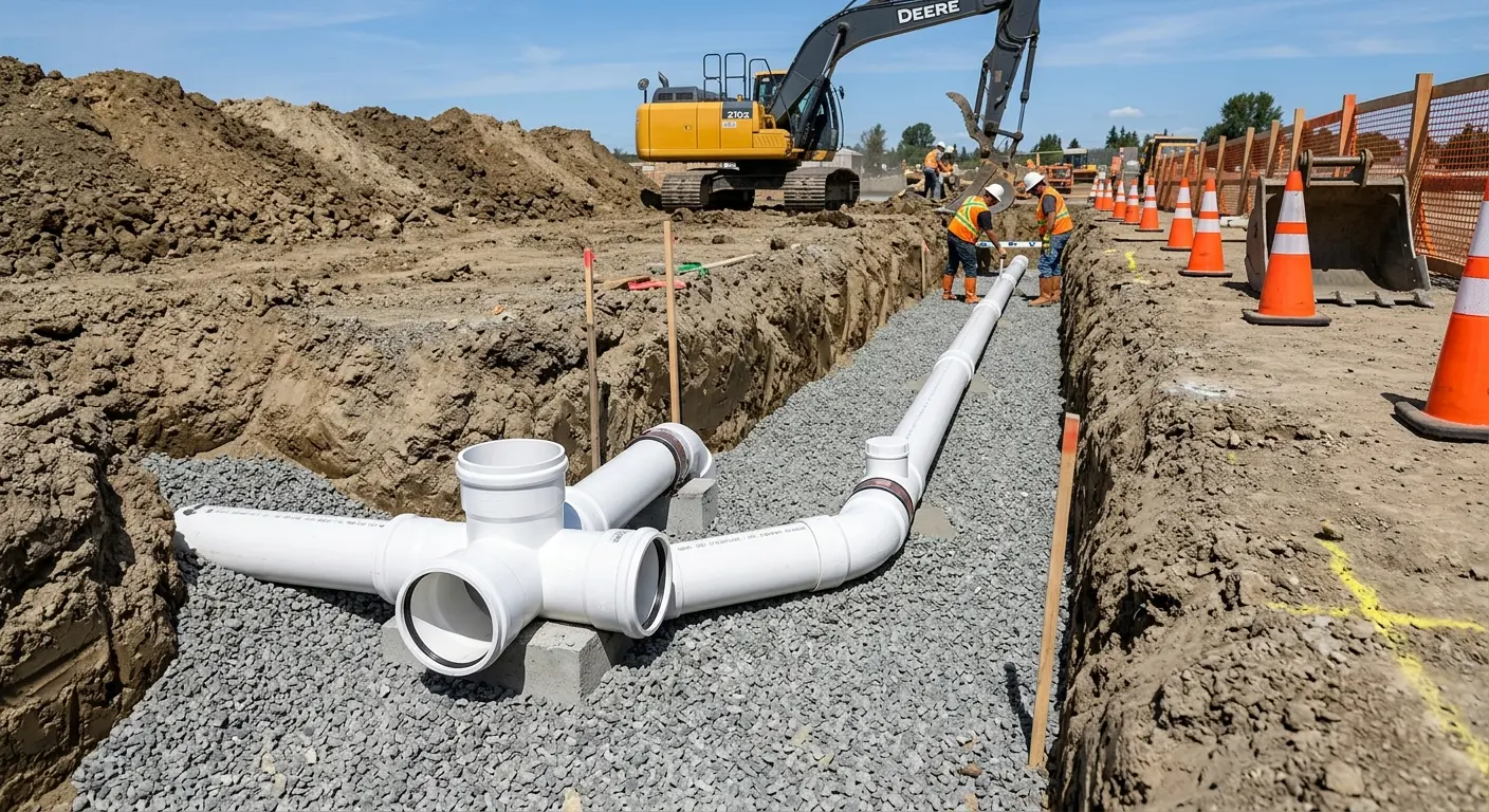 New PVC sewer pipe installation in open trench for Sewer Backup in Sylvester