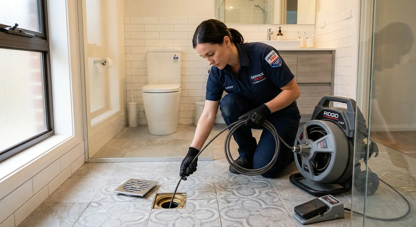 Technician clearing a bathroom floor drain for Drain Cleaning in Sylvester